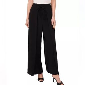 CeCe Women's Overlap Tie Front Wide Leg Soft Pants black size L